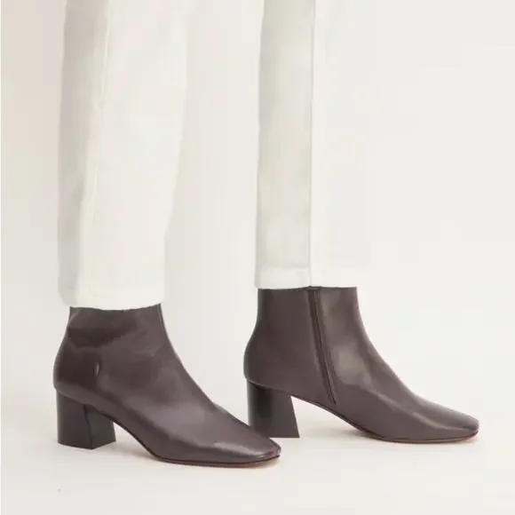 EVERLANE The Day Boot Dark Brown Italian Leather Block Heel Ankle Zip Size 8 NEW